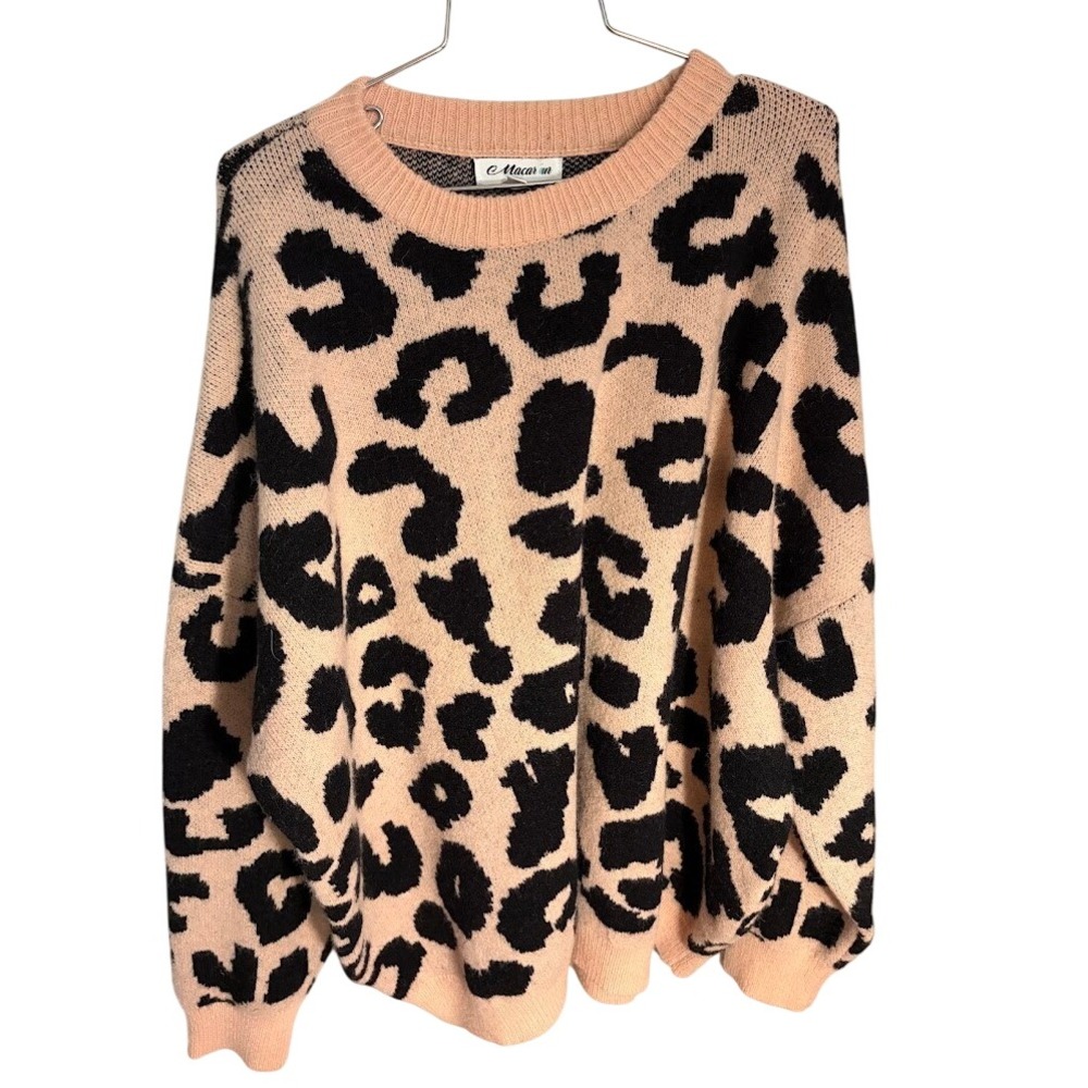 Macaron Women XL Leopard Print Knit Sweater Peach Pink Black Animal‎ Long Sleeve